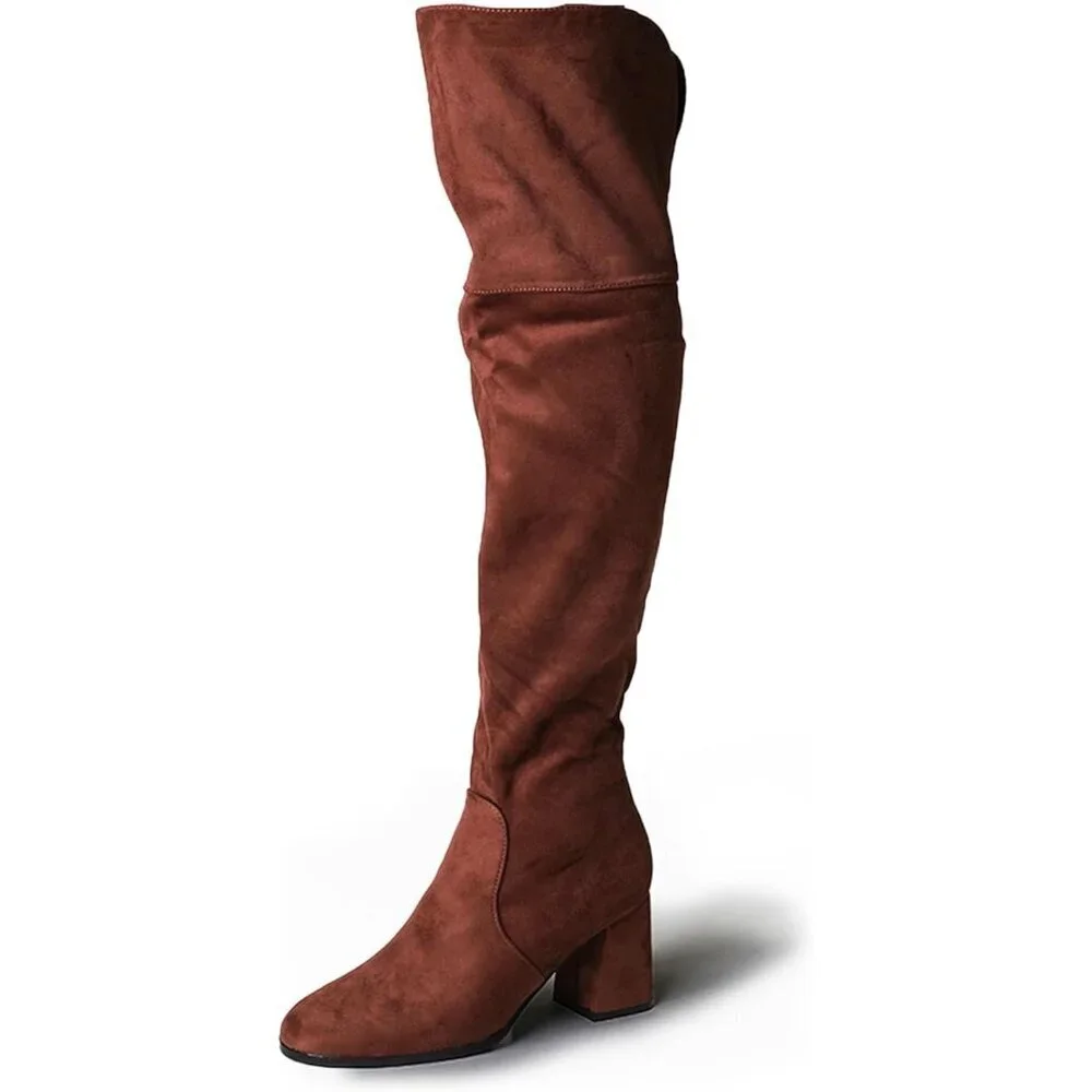 🆕J.Adams Brown Vegan Suede Over The Knee Trendy Low Block Heel Thigh High Boots